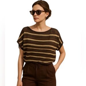 Sarah Pacini Linen Blend Brown & Tan Striped Crop Top, Summer Layering Resort OS